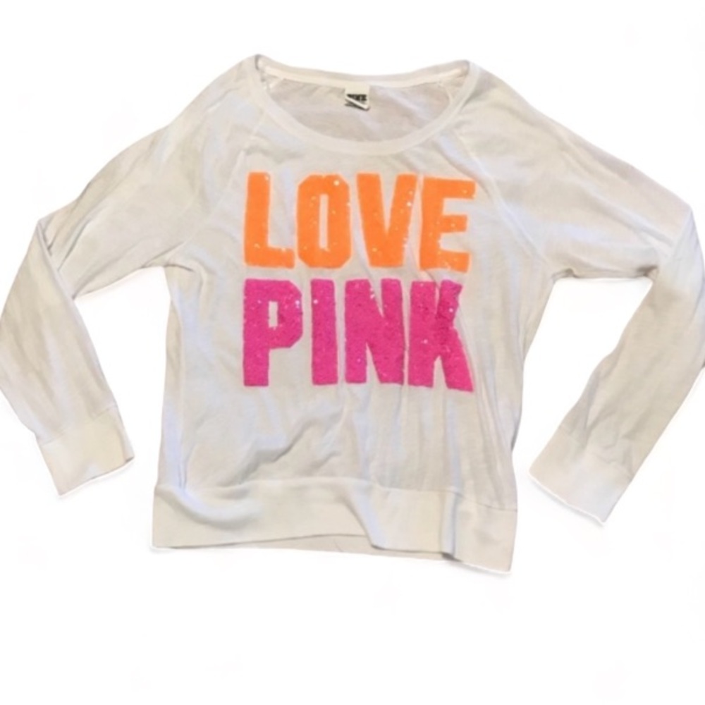 NEW Victoria Secret PINK “LOVE PINK” Long Sleeve With Sequin White Shirt Size M